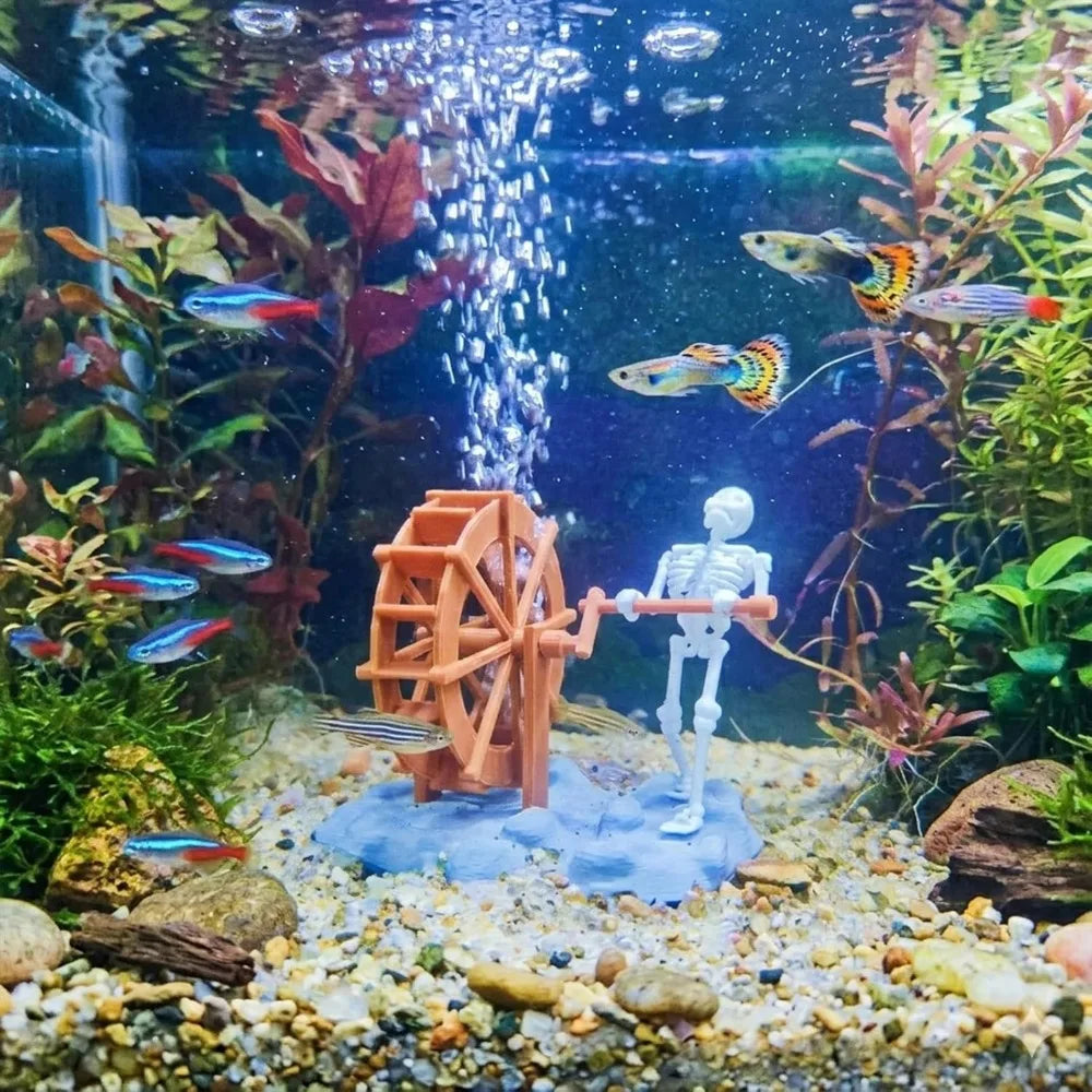 Skeleton Waterwheel Aquarium Ornament – Air Pump Driven Rotatable Decor, Creative Underwater Landscape with Bubbles Effect