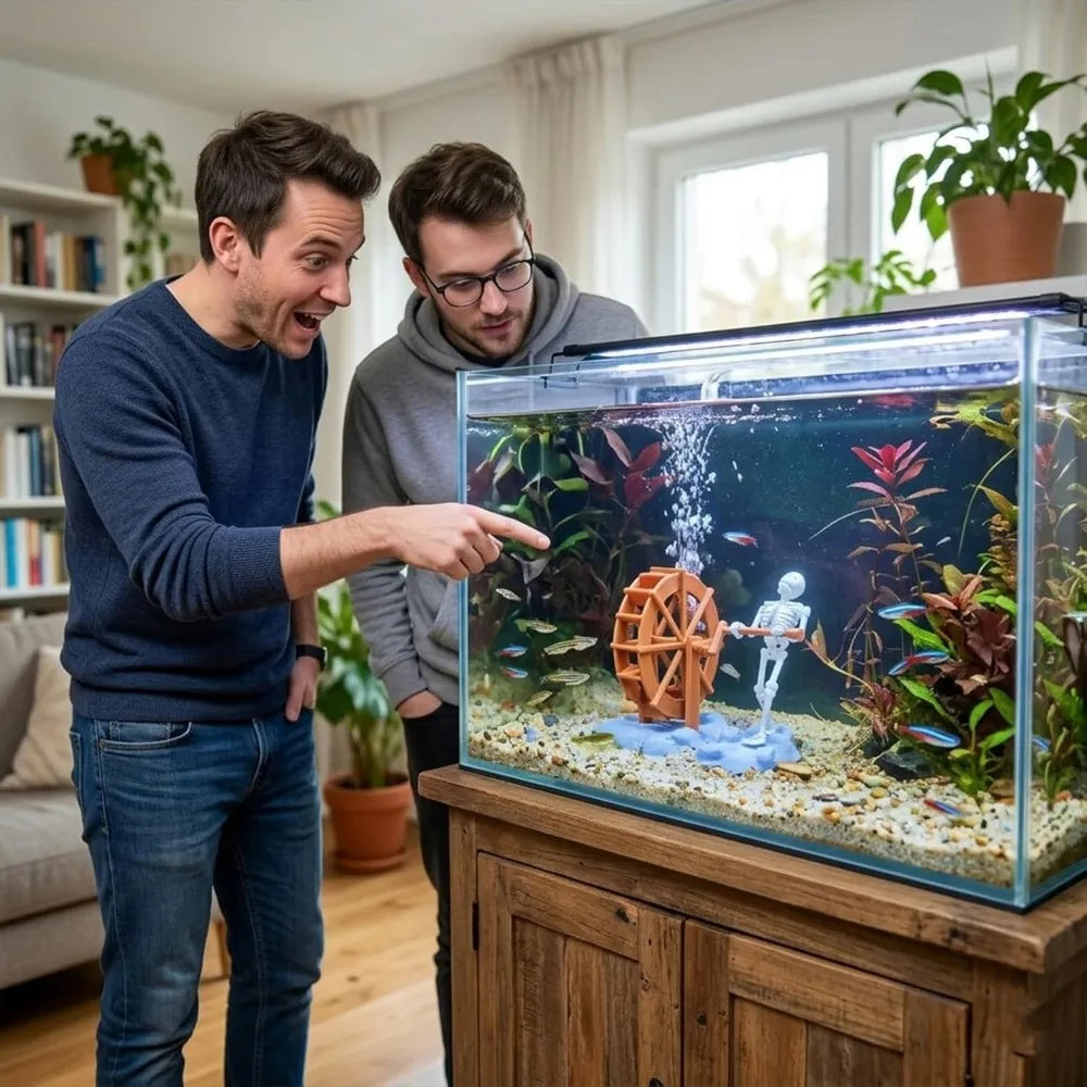Skeleton Waterwheel Aquarium Ornament – Air Pump Driven Rotatable Decor, Creative Underwater Landscape with Bubbles Effect