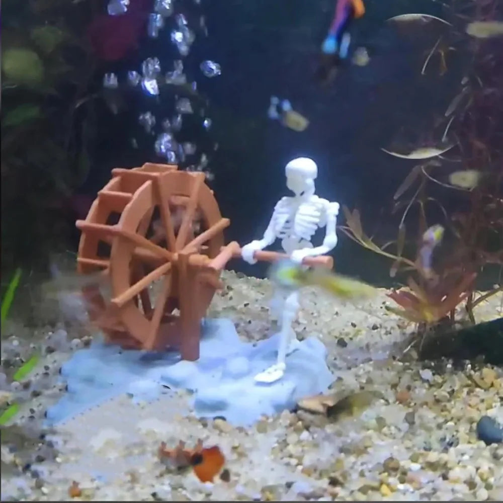 Skeleton Waterwheel Aquarium Ornament – Air Pump Driven Rotatable Decor, Creative Underwater Landscape with Bubbles Effect